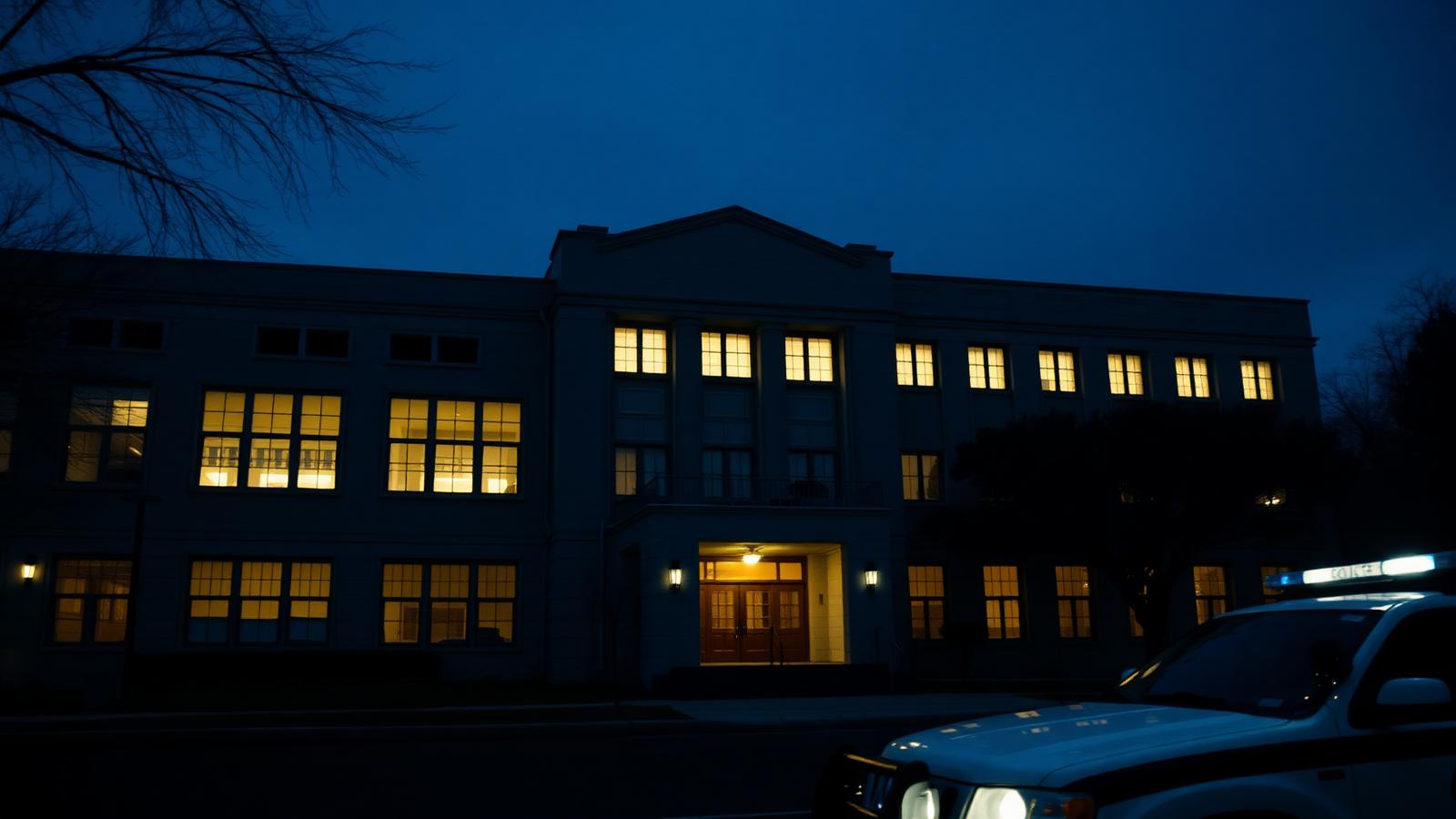 City hall and police headquarters illuminated at dusk