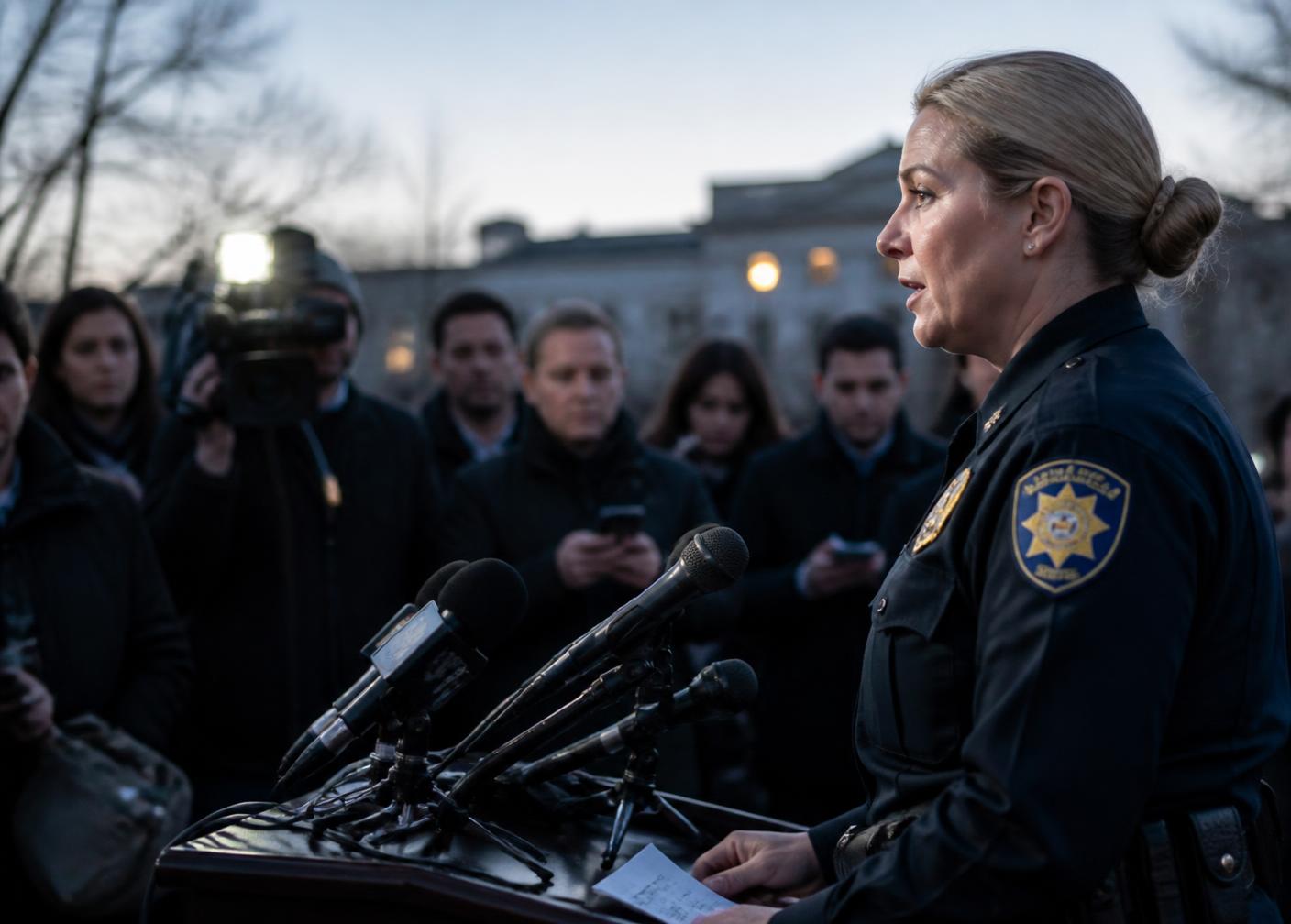 Police public information officer speaking at a press briefing